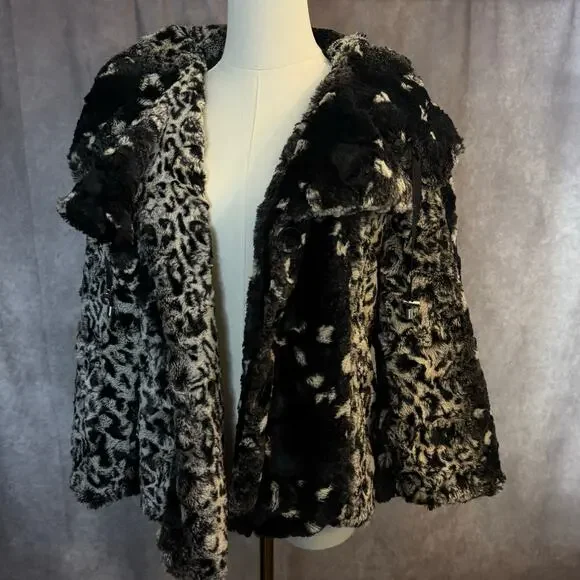 La Seine Black & White Faux Fur Leopard Coat Women’s Large Cropped Winter Jacket - Picture 4 of 14